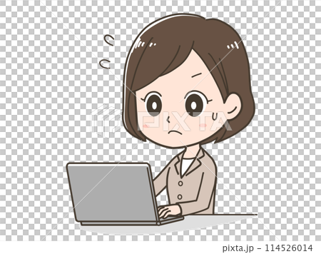 パソコンで忙しく仕事をするビジネスウーマンのイラスト パソコンで忙しく仕事をするビジネスウーマンのイラスト 114526014