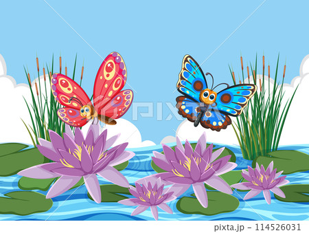 Colorful Butterflies Over Water Lilies Colorful Butterflies Over Water Lilies 114526031