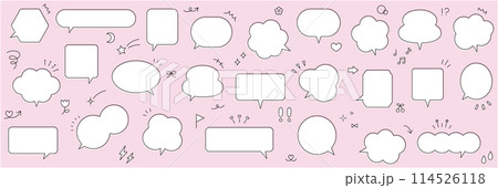 シンプルな吹き出しとアイコンのベクターイラストセット。ふきだし、フレーム、飾り素材、装飾、集中線 シンプルな吹き出しとアイコンのベクターイラストセット。ふきだし、フレーム、飾り素材、装飾、集中線 114526118