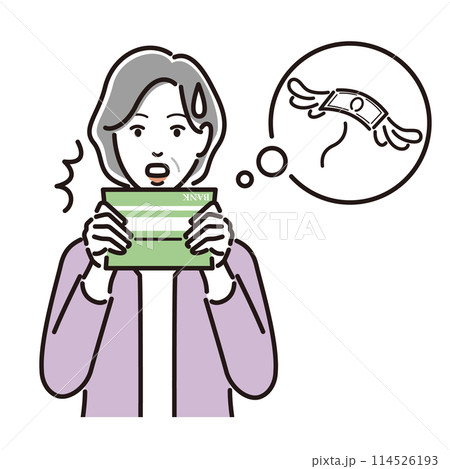 通帳を見て悩むシニア女性 114526193