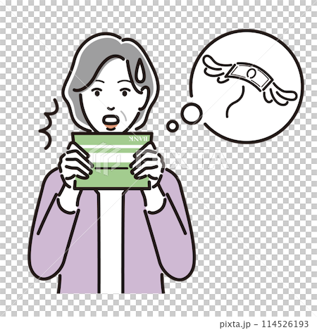 通帳を見て悩むシニア女性 114526193