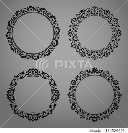 Set of decorative frames Elegant vector element for design in Eastern style, place for text. Floral black and gray borders. Lace illustration for invitations and greeting cards Set of decorative frames Elegant vector element for design in Eastern style, place for text. Floral black and gray borders. Lace illustration for invitations and greeting cards 114526295