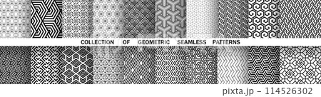 Geometric set of seamless black and white patterns. Simple vector graphics. Geometric set of seamless black and white patterns. Simple vector graphics. 114526302