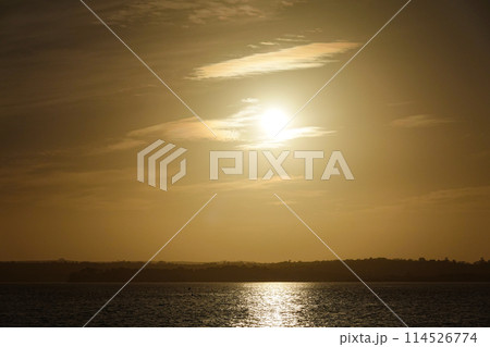 Golden Waters, A serene sunset scene over river, lake, and sea, painting the sky with hues of orange and gold, reflecting nature's beauty 114526774