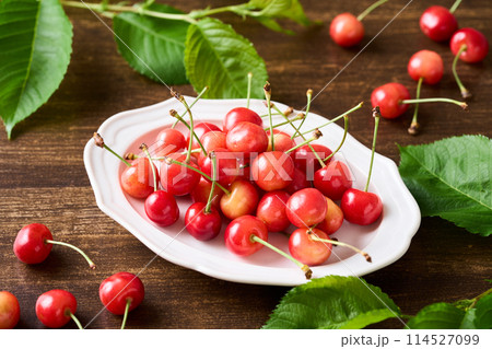 皿に盛ったさくらんぼ　（山形県産佐藤錦） 114527099