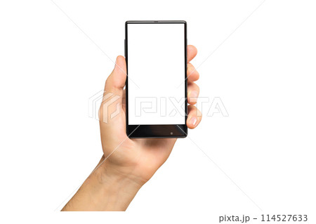 Mockup of male hand holding black frameless cell phone with blank screen isolated at white background. Mockup of male hand holding black frameless cell phone with blank screen isolated at white background. 114527633