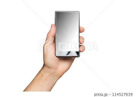 Mockup of male hand holding black frameless cell phone with black screen isolated at white background. Mockup of male hand holding black frameless cell phone with black screen isolated at white background. 114527639