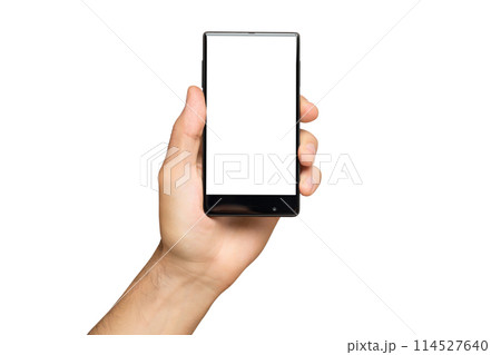 Mockup of male hand holding black frameless cell phone with blank screen isolated at white background. 114527640