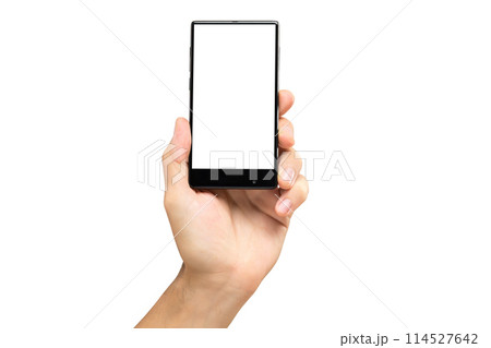 Mockup of male hand holding frameless cell phone with blank screen isolated at white background. 114527642