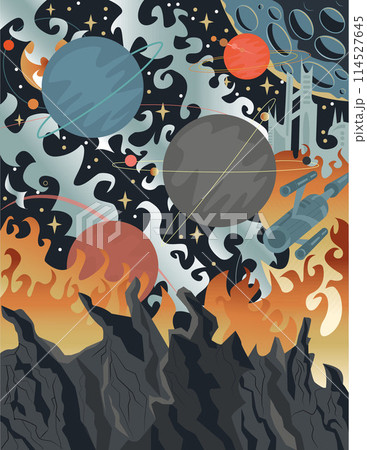 Colorful Retro Sci Fi illustration with space landscape, alien planets and extraterrestrial surfaces, coloring page and cartoon game concept background Colorful Retro Sci Fi illustration with space landscape, alien planets and extraterrestrial surfaces, coloring page and cartoon game concept background 114527645