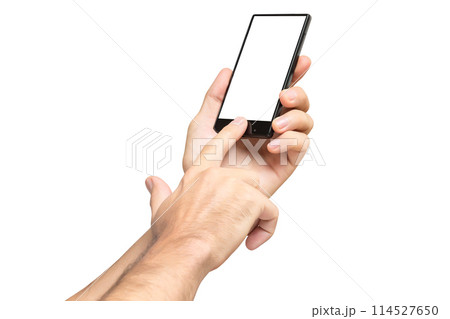 Mockup of male hand holding black cellphone and swiping white blank screen isolated at white background. 114527650