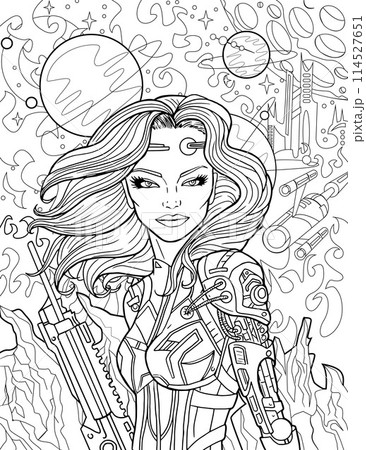 Retro Sci Fi coloring page illustration with beautiful astronaut woman holding blaster gun against space landscape, alien planets and extraterrestrial surfaces, cartoon game concept background 114527651