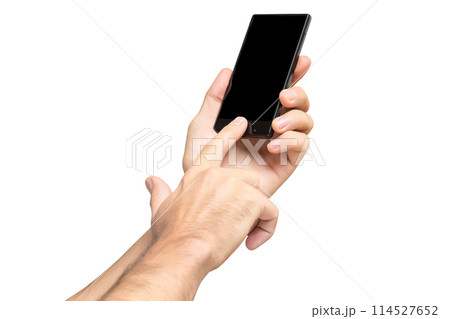 Mockup of male hand holding black cellphone and swiping black screen isolated at white background. 114527652