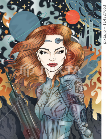 Colorful retro Sci Fi illustration with beautiful astronaut woman holding blaster gun against space landscape, alien planets and extraterrestrial surfaces, cartoon game concept background 114527653