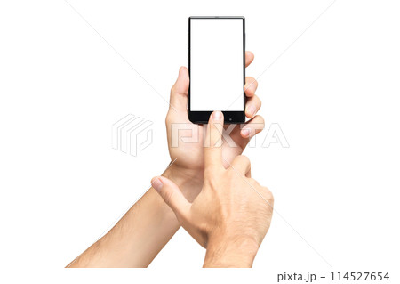 Mockup of male hand holding frameless cellphone and swiping blank white screen isolated at white background. Mockup of male hand holding frameless cellphone and swiping blank white screen isolated at white background. 114527654