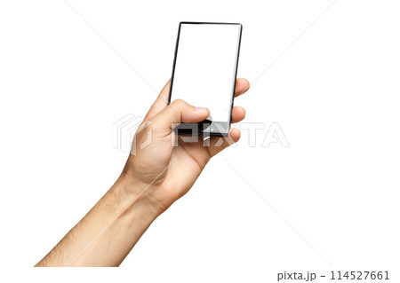 Mockup of male hand holding black frameless cell phone with blank screen isolated at white background. 114527661