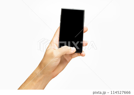 Mockup of male hand holding black frameless cell phone with black screen isolated at white background. Mockup of male hand holding black frameless cell phone with black screen isolated at white background. 114527666