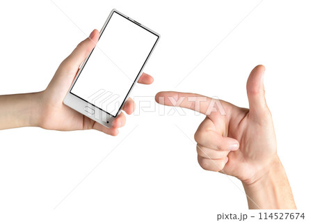 Mockup of female hand holding frameless cell phone and male hand pointing at its blank white screen at white isolated background. Mockup of female hand holding frameless cell phone and male hand pointing at its blank white screen at white isolated background. 114527674