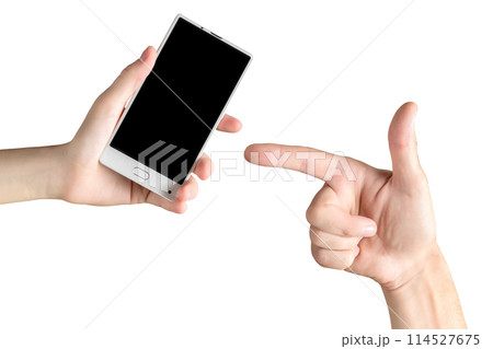 Mockup of female hand holding frameless cell phone and male hand pointing at its black empty screen at white isolated background. Mockup of female hand holding frameless cell phone and male hand pointing at its black empty screen at white isolated background. 114527675