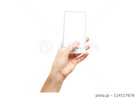 Mockup of female hand holding frameless cell phone with blank screen isolated at white background. Mockup of female hand holding frameless cell phone with blank screen isolated at white background. 114527676