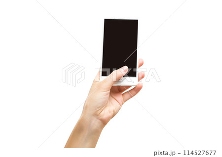 Mockup of female hand holding frameless cell phone with black screen isolated at white background. Mockup of female hand holding frameless cell phone with black screen isolated at white background. 114527677