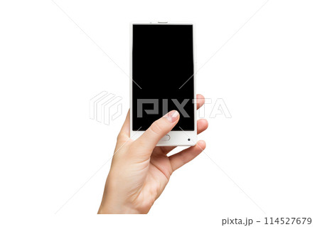 Mockup of female hand holding frameless cell phone with black screen isolated at white background. 114527679