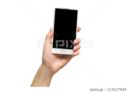 Mockup of female hand holding frameless cell phone with black screen isolated at white background. Mockup of female hand holding frameless cell phone with black screen isolated at white background. 114527685