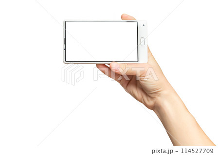 Mockup of female hand holding frameless cell phone with white blank screen isolated at white background. 114527709