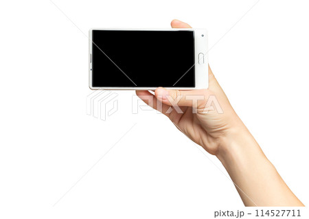 Mockup of female hand holding white frameless cell phone with black screen isolated at white background. 114527711