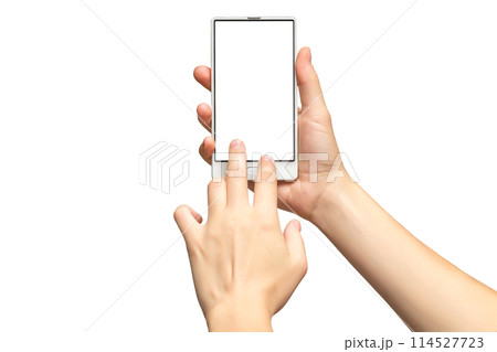 Mockup of female hands holding modern frameless cellphone with white screen and making sliding gesture isolated at white background. Mockup of female hands holding modern frameless cellphone with white screen and making sliding gesture isolated at white background. 114527723