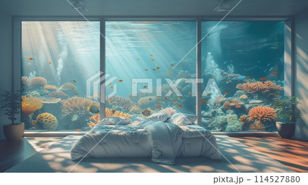 Submerged serenity: mesmerizing underwater house room reveals aquatic wonders through panoramic aquarium windows, a tranquil retreat in the heart of the deep blue Submerged serenity: mesmerizing underwater house room reveals aquatic wonders through panoramic aquarium windows, a tranquil retreat in the heart of the deep blue 114527880