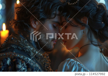Capturing passion in the renaissance, victorian, and baroque era: a timeless love story portrayed by a couple in vintage attire, embracing the elegance, romance, and nostalgia of historical periods. 114527992