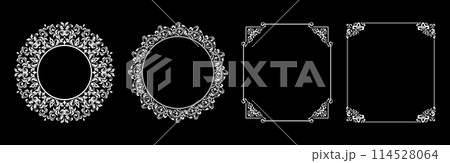 Set of decorative frames Elegant vector element for design in Eastern style, place for text. Floral black and white borders. Lace illustration for invitations and greeting cards. 114528064