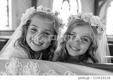 First communion joy - heartwarming moments of young believers in white dresses, celebrating this sacred Christian sacrament with faith, purity, spirit of spiritual growth in memorable church ceremony. 114528128