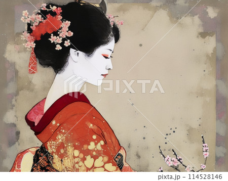 浮世絵風　着物を着た女　イラスト 114528146