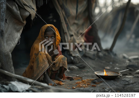 Hunger poverty, the big global social silent problem of mankind, children and adults from filthy slums, Africa, beggar and dirty, in need of help. 114528197