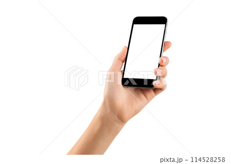 Female hand holding black cellphone with white screen at isolated background. Female hand holding black cellphone with white screen at isolated background. 114528258