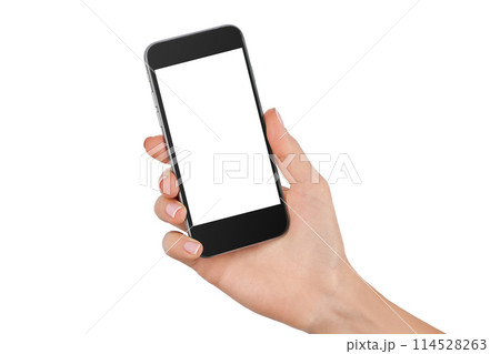 Female hand holding black cellphone with white screen at isolated background. 114528263