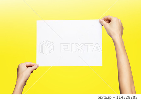 Mockup of female hands holding blank paper list isolated at yellow background. 114528285