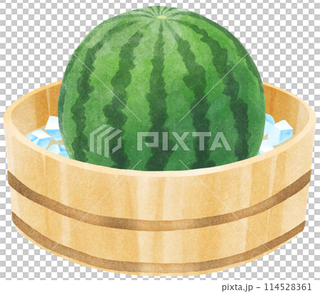 西瓜放在裝滿冰水的托盤中冷藏，水彩風格 114528361