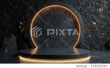 Versatile display: an empty podium, banner, and stand with ample copy space, offering a blank canvas for showcasing products, advertising, presentations, and versatile marketing opportunities. 114528383