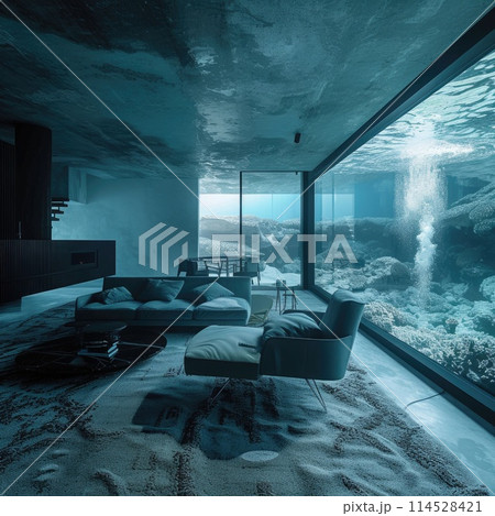 Submerged serenity: mesmerizing underwater house room reveals aquatic wonders through panoramic aquarium windows, a tranquil retreat in the heart of the deep blue Submerged serenity: mesmerizing underwater house room reveals aquatic wonders through panoramic aquarium windows, a tranquil retreat in the heart of the deep blue 114528421