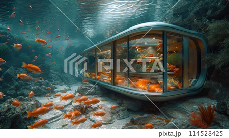 Submerged serenity: mesmerizing underwater house room reveals aquatic wonders through panoramic aquarium windows, a tranquil retreat in the heart of the deep blue Submerged serenity: mesmerizing underwater house room reveals aquatic wonders through panoramic aquarium windows, a tranquil retreat in the heart of the deep blue 114528425