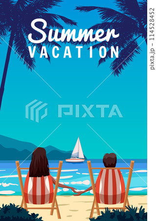 Summer Vacation couple sitting on the deck chairs at the beach Summer Vacation couple sitting on the deck chairs at the beach 114528452