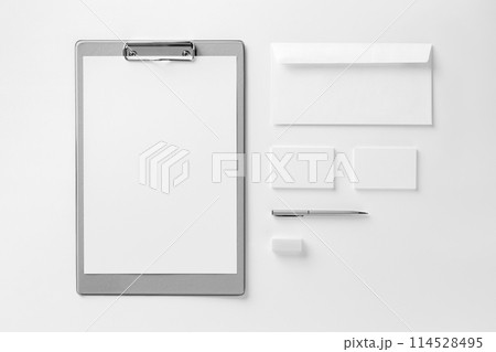 Brand identity mockup. Blank corporate stationery set at white textured paper background. 114528495