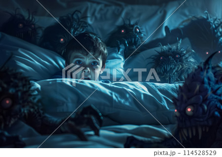 scared little boy in bed with open eyes because child afraid of the dark at night 114528529