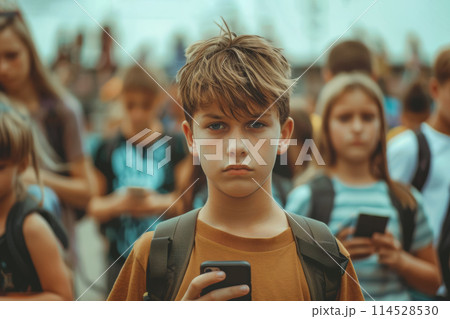 boy holding smartphone and standing in crowd of children who look at mobile phones. Concept of gadget addiction 114528530