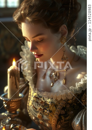 Elegant vintage: woman in baroque renaissance style clothing reminiscent of the victorian era, a timeless portrayal of grace and sophistication in historical fashion 19th century. Elegant vintage: woman in baroque renaissance style clothing reminiscent of the victorian era, a timeless portrayal of grace and sophistication in historical fashion 19th century. 114528983
