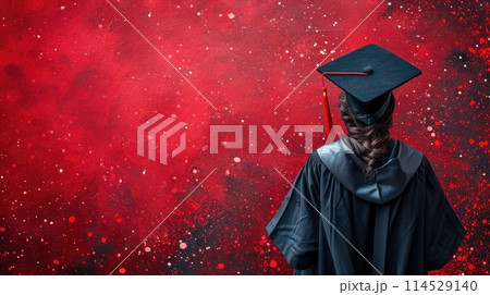 Student cap, graduation cap, diploma, banner: a triumphant celebration marking the end of the school year, embracing academic achievement and success with the issuance of diploma certificates. 114529140