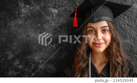 Student cap, graduation cap, diploma, banner: a triumphant celebration marking the end of the school year, embracing academic achievement and success with the issuance of diploma certificates. 114529145
